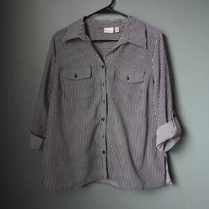 Kim Rogers Y-Neck Button Down Striped Shirt Petite Large